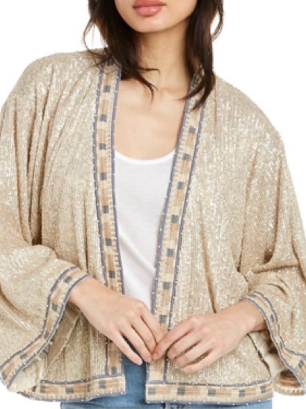 Johnny Was Tanya Sequin Open-Front Kimono Cardigan - size small oversized